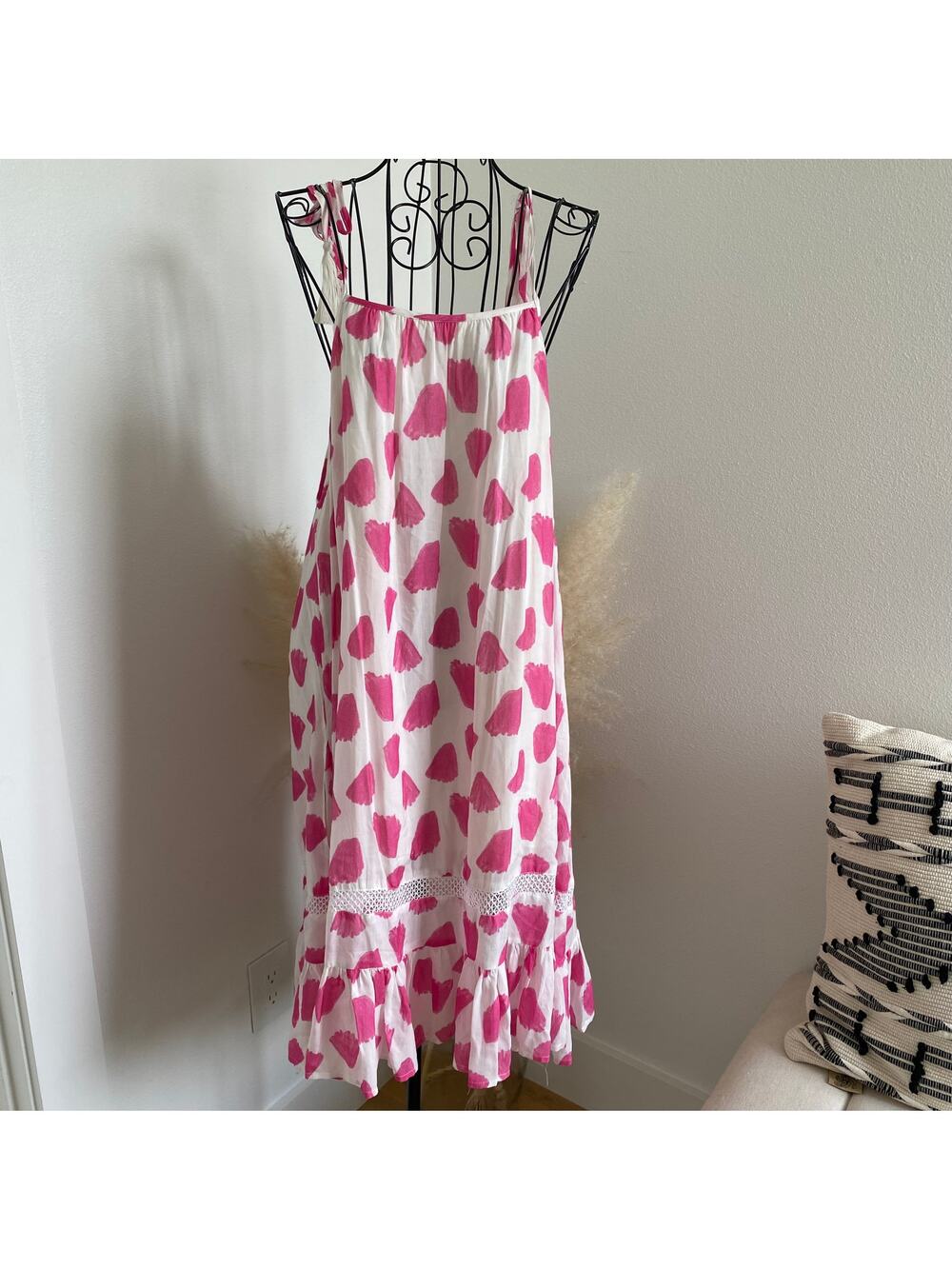 Boutique White Pink Printed Mini Ruffle Scoop Back Tassel Sundress NWT Large